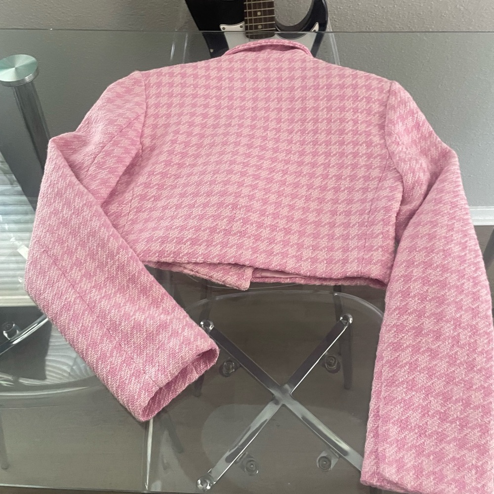 Zara Pink Houndstooth Blazer Cropped - Picture 2 of 3